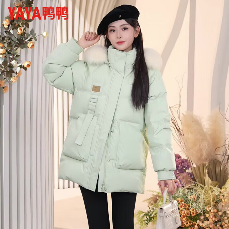 鸭鸭（YAYA）羽绒服女厚款连帽毛领短款保暖2025冬季新款时尚百搭羽绒外套 蓝色 XL (170)