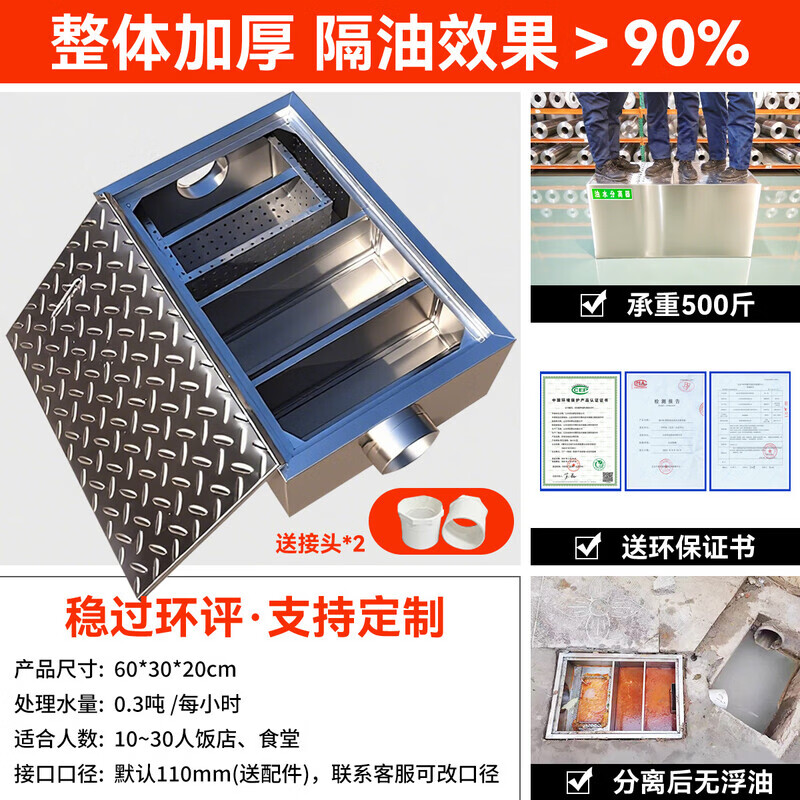 304隔油池地埋式油水分离器商用厨房餐饮下水道不锈钢三级过滤器 201地沟加固可踩60*30*20cm圆进圆出