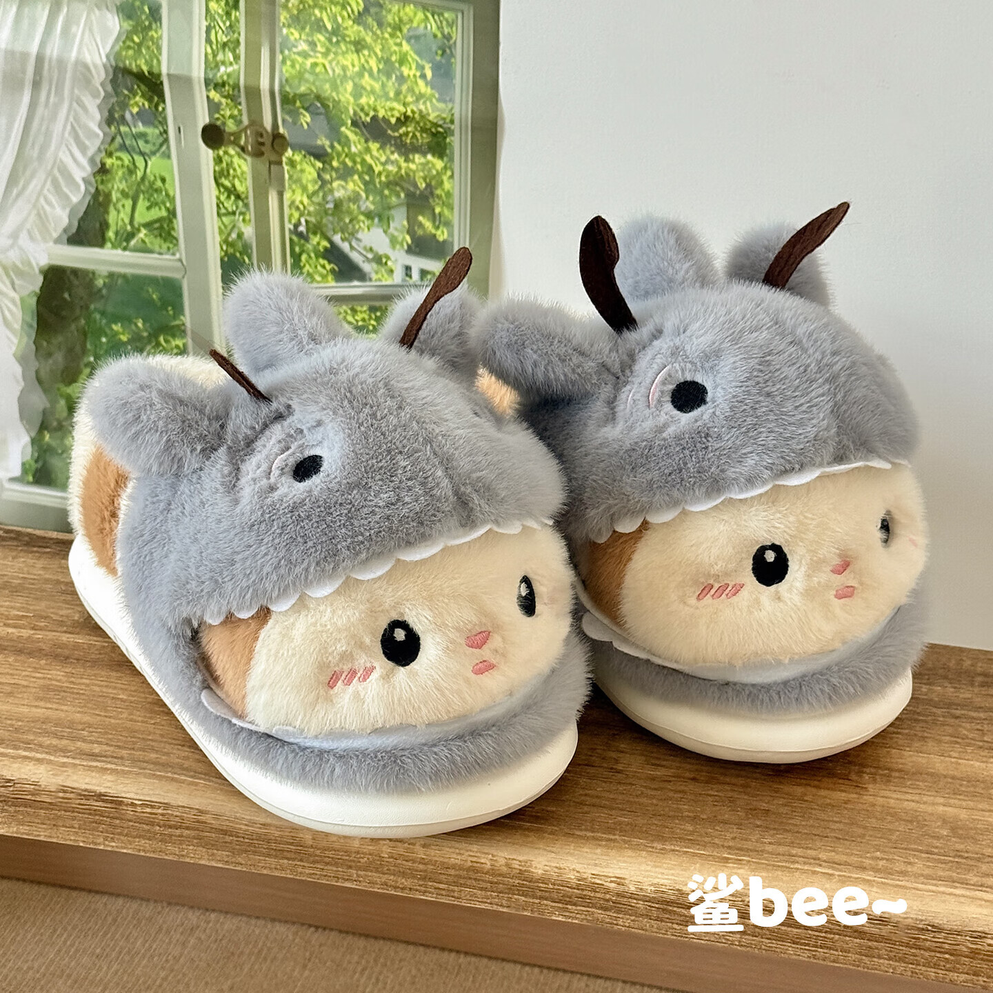 FZT情侣毛毛鞋鲨bee新款网红可爱趣味保暖男女包头踩屎感棉拖鞋冬季 【趣味鲨帽蜜蜂】全包款 36-37 标准码