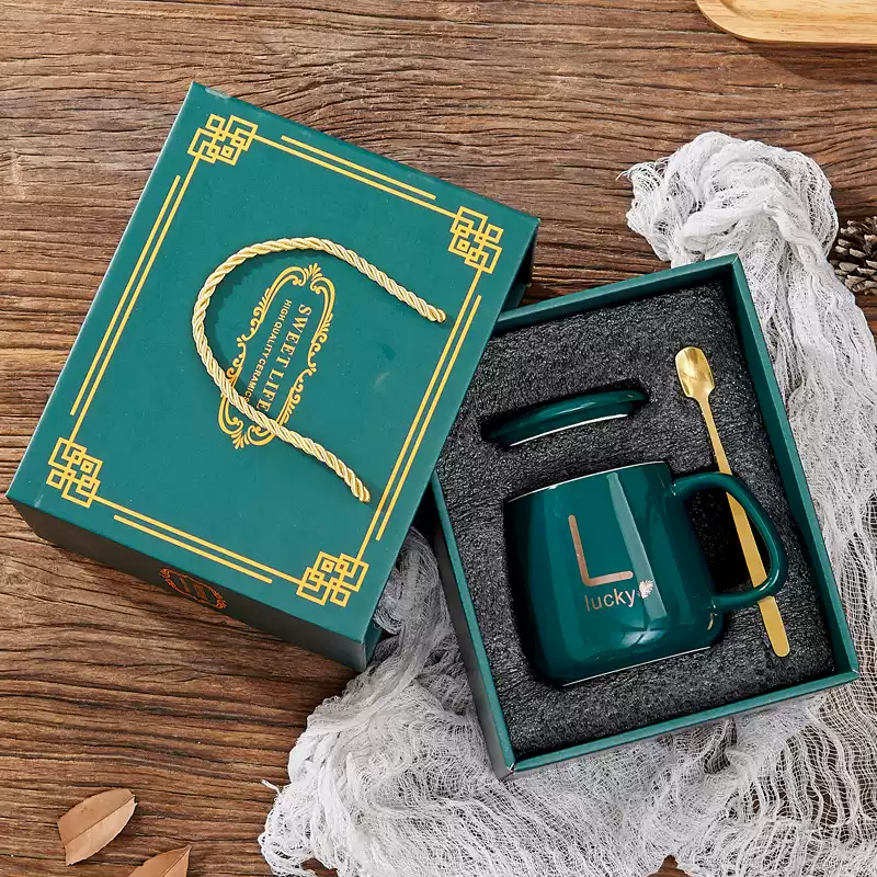 文枝陶瓷马克杯暖暖杯礼盒杯子套装伴手礼水杯加盖 墨绿单杯礼盒装