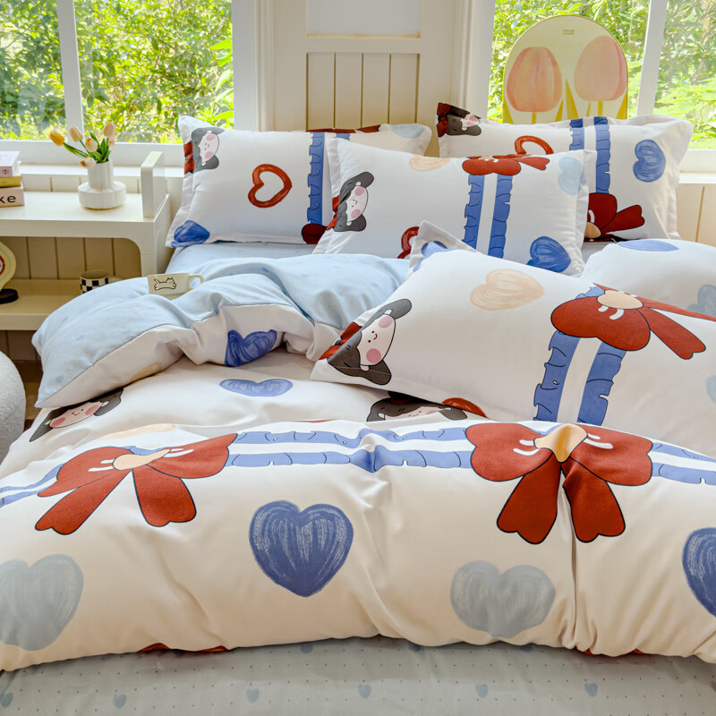 麦琪娜 斜纹磨毛四件套床上用品四件套双人床四件套简约床单被套四件套 40.01支 爱心 1.5/1.8米 床单款 被套200*230cm 四件套