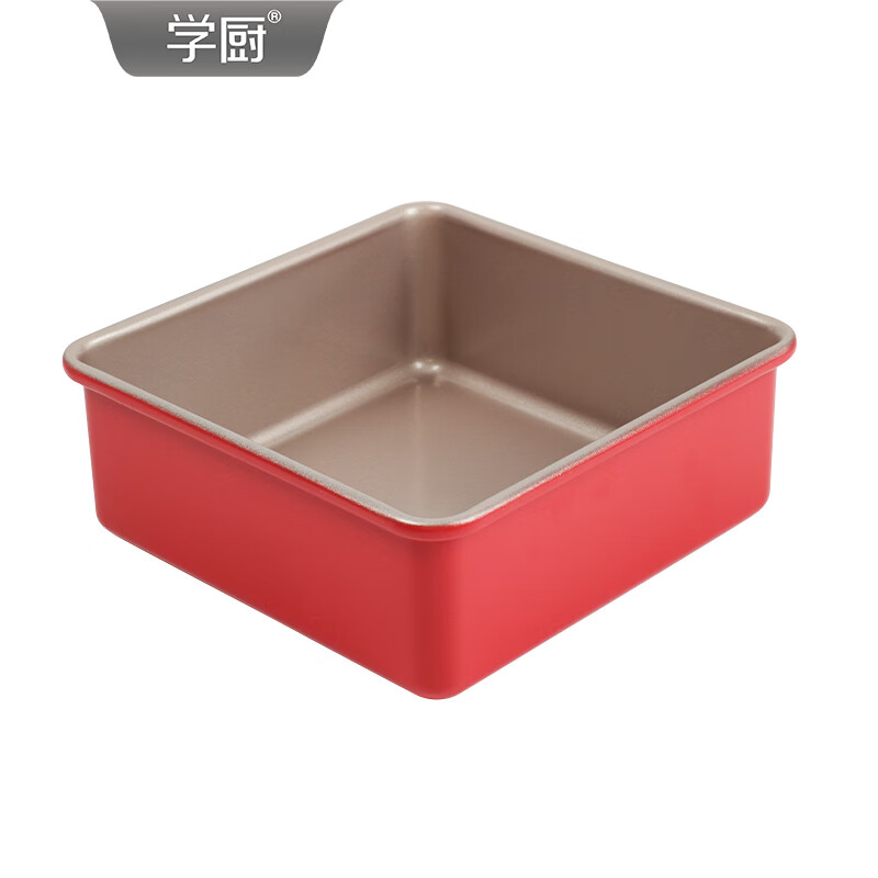 学厨8寸加高不粘四方烤盘正方形古早蛋糕模具家用面包盘烘焙模具 臻选红色8寸加高不粘四方烤盘-WK10111