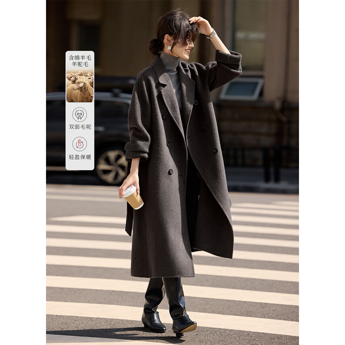 XWI欣未绵羊毛羊驼毛长款系带双面呢大衣女秋冬气质显瘦毛呢外套