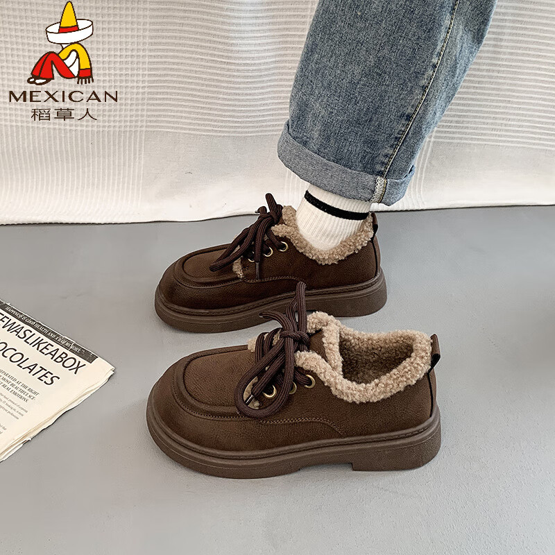 稻草人（MEXICAN）复古勃肯鞋女2026冬季新款厚底加绒加厚休闲保暖棉鞋羊羔毛小皮鞋 棕色 35