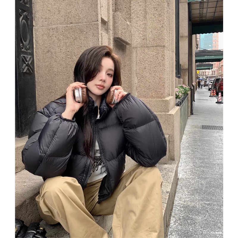 真维斯（Jeanswest）KY女装肯豆风美拉德立领围脖短款男女加厚面包服秋冬美式潮 A款黑色 S