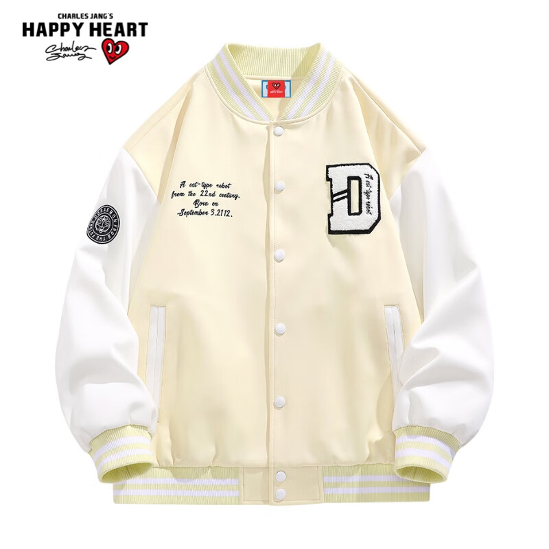 查爾斯桃心 x 哆啦A夢聯(lián)名毛巾繡撞色拼接休閑卡通字母學(xué)院風(fēng)棒球服男女同款 奶黃色 L