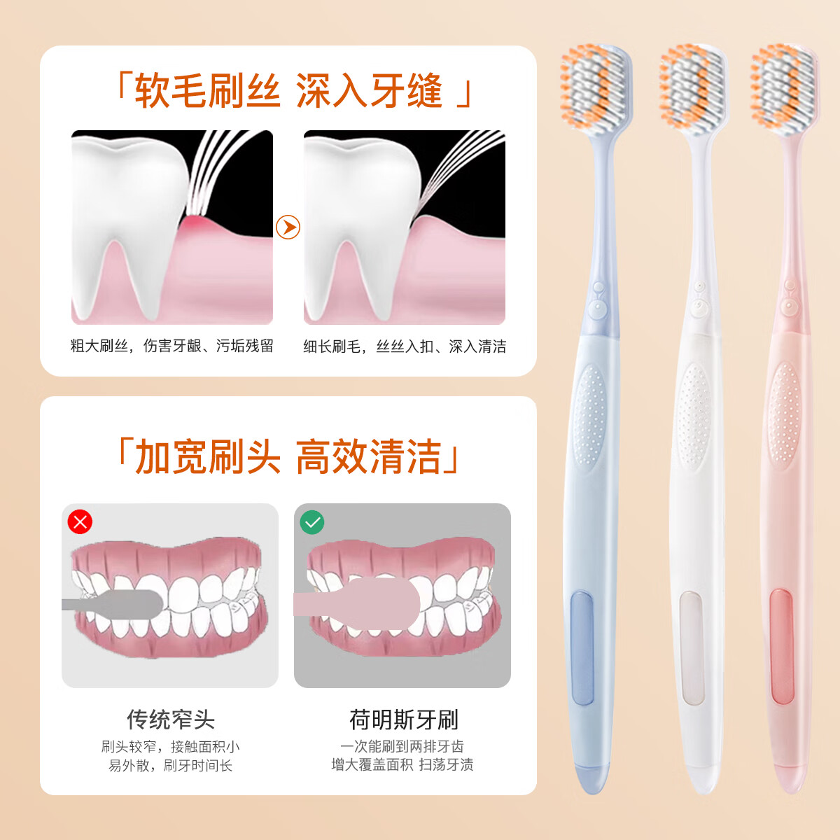 HERM'S钻石宽头牙刷软毛情侣家用成人口腔护龈清洁超细密丝牙刷 山姆超市-护龈钻石牙刷 6支