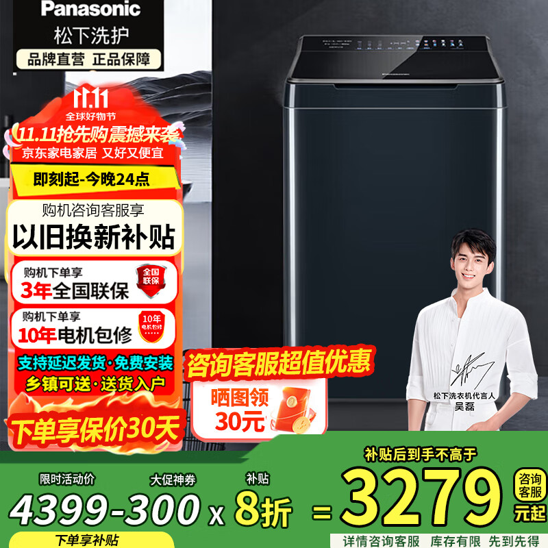 松下（Panasonic）一级10公斤波轮 轻音直驱变频电机 离心洗羽绒洗水氧泡沫净彩屏 抗菌 大U XQB100-1U