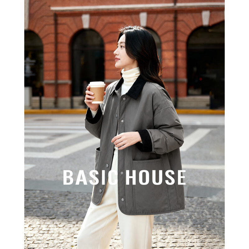 百家好（Basic House）Basic House/百家好复古翻领工装风棉服女秋冬宽松单排扣夹棉外套 深灰 L
