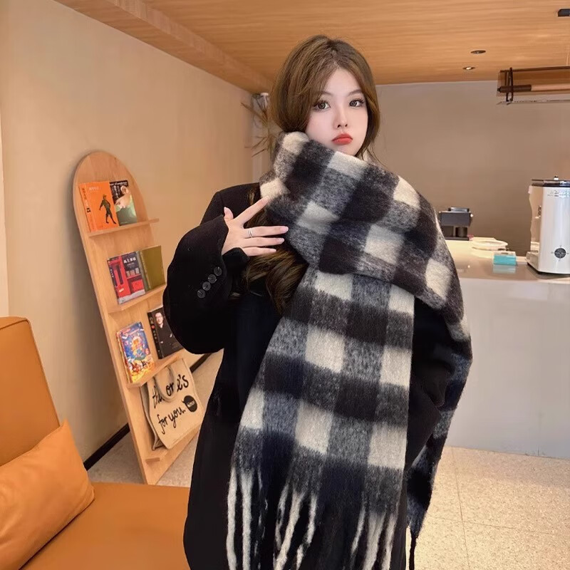 蝴蝶少女美拉德围巾女冬季新款围巾百搭秋冬保暖韩系学生情侣格子加厚围脖 1号蓝棕格子【虞书欣同款】大号