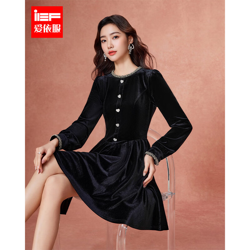 IEF/爱依服2025秋冬新款天鹅绒连衣裙女优雅气质千金风miu系穿搭 黑 S