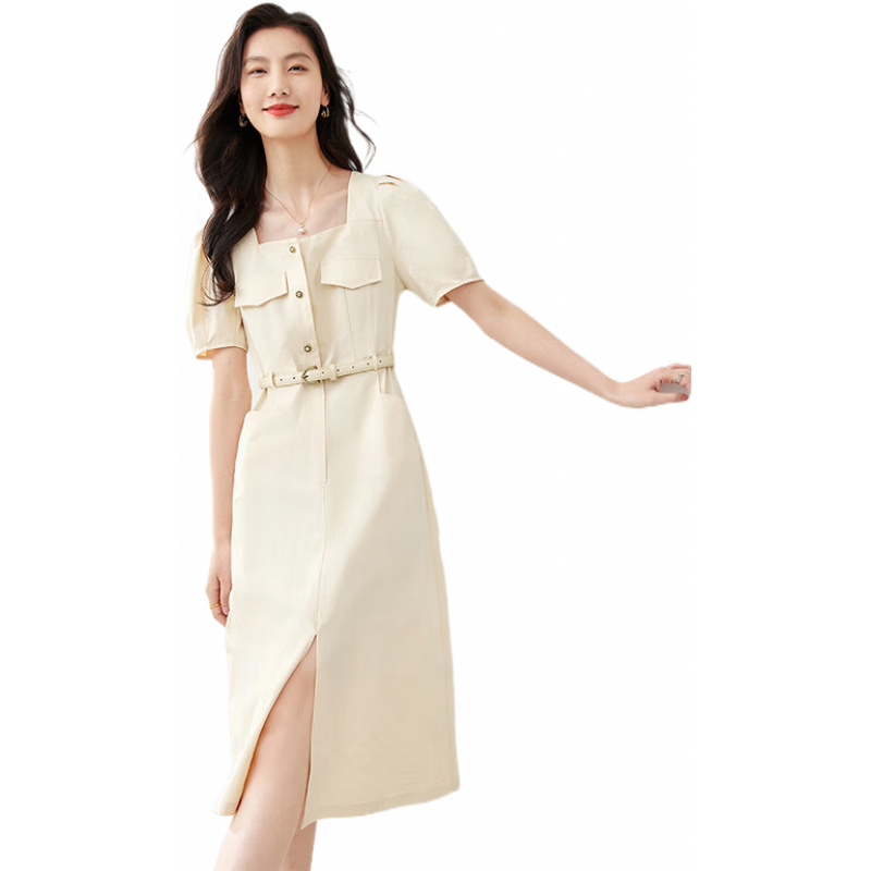 梵希蔓別致設(shè)計(jì)感方領(lǐng)連衣裙女2025年夏季新款泡泡袖收腰a字裙子 M7011 杏色 S