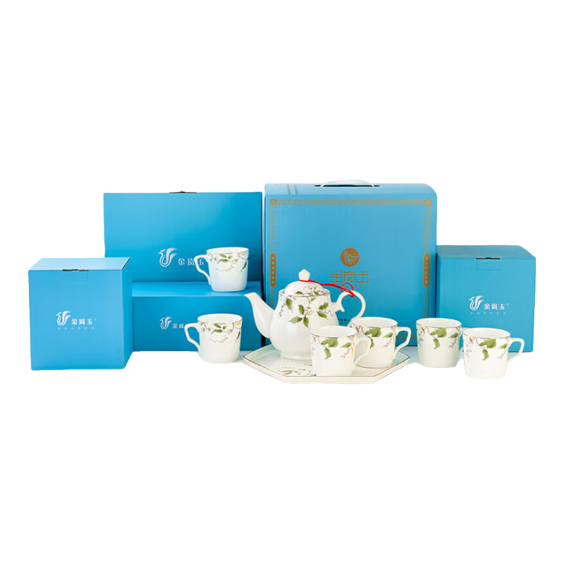 金嵐玉唐山骨瓷水具套裝家用簡(jiǎn)約客廳茶壺套裝茶具花茶茶杯中式陶 舍-托盤(pán)+玉蘭壺+有柄6水杯