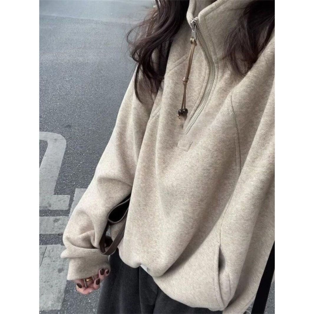 妙恋多半拉链立领卫衣女秋冬加绒宽松设计感小众韩系套头外套复古美式潮 燕麦杏 【春秋薄款】 L