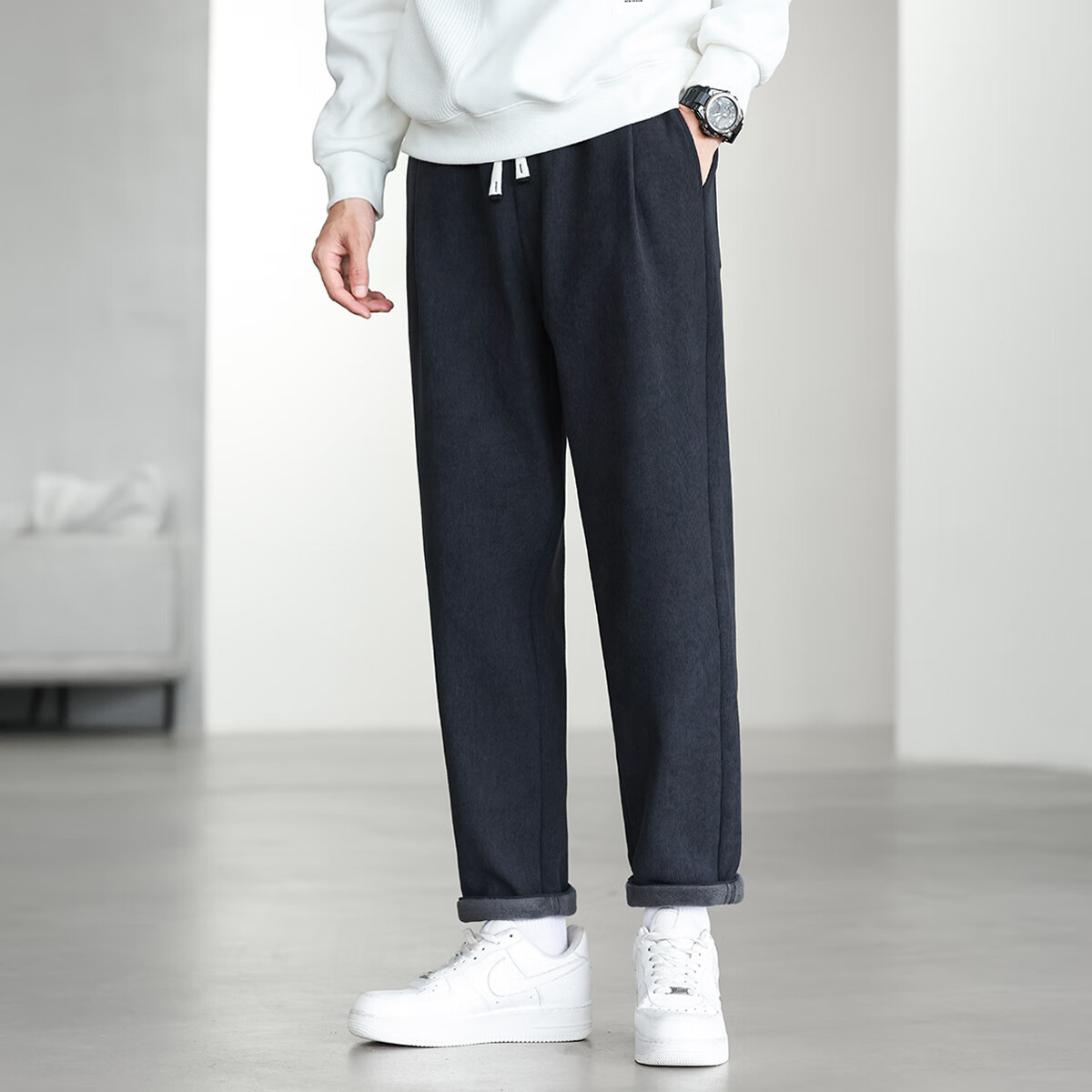 布衣传说【加绒加厚】重磅灯芯绒松紧腰抽绳柔软保暖运动小锥男式休闲裤 灰色 L