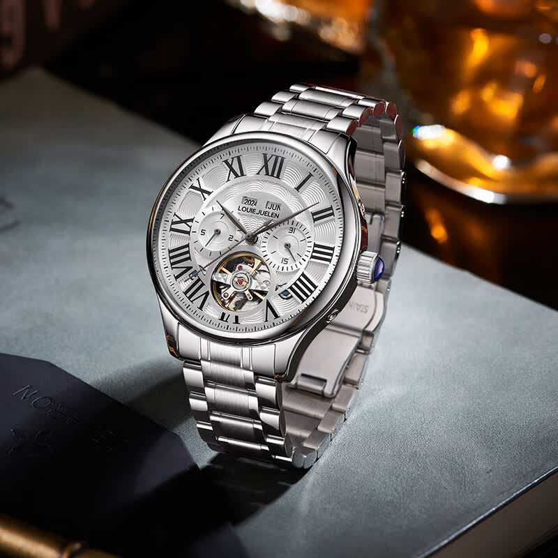 路易爵伦（LOUIE JUELEN）多功能陀飞轮机械表防水男表真皮表带全自动机芯学生考试手表礼物 L-9162银壳白面钢带【多功能机械表】