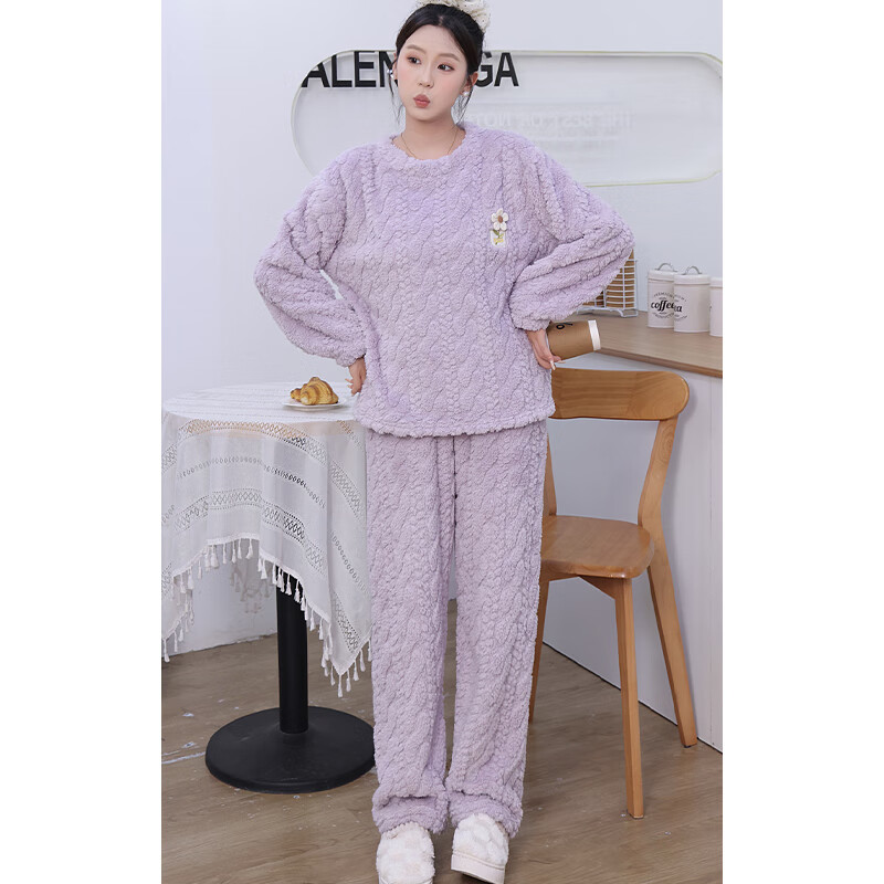 诗莉奥(SHILIAO)珊瑚绒睡衣女冬季长袖家居服套睡衣女秋冬季加厚保暖公主风 紫色 均码 适合【80-150斤】