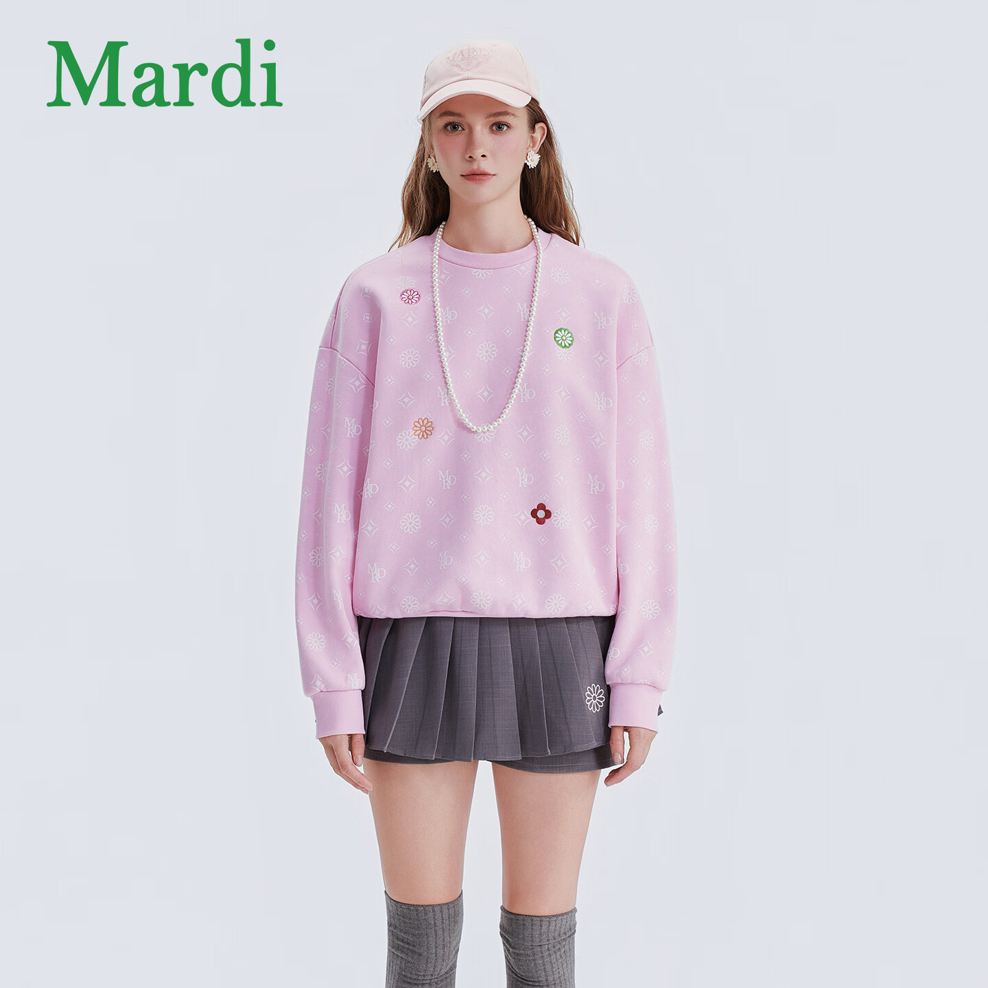 MARDI小雏菊圆领卫衣女冬季新款小清新学院风印花套头上衣MWY2542158 胭脂粉 S