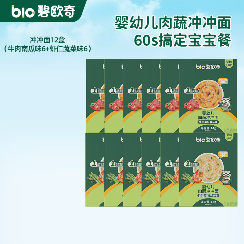 碧欧奇冲冲面婴幼儿面条营养早餐便携宝宝外出即食辅食袋装冲泡面 【12盒】牛肉南瓜番茄味6+南美对虾芦笋味6