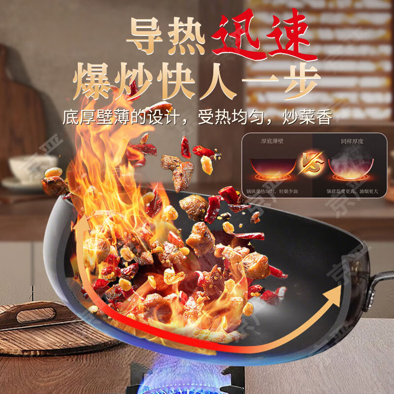 京严正宗经典大肚铁锅家用炒菜锅无涂层不粘锅电磁炉燃气灶专用已开锅 【三次开锅发货】适用1-3人 24cm 【山东老字号铁锅技术|百年传承】