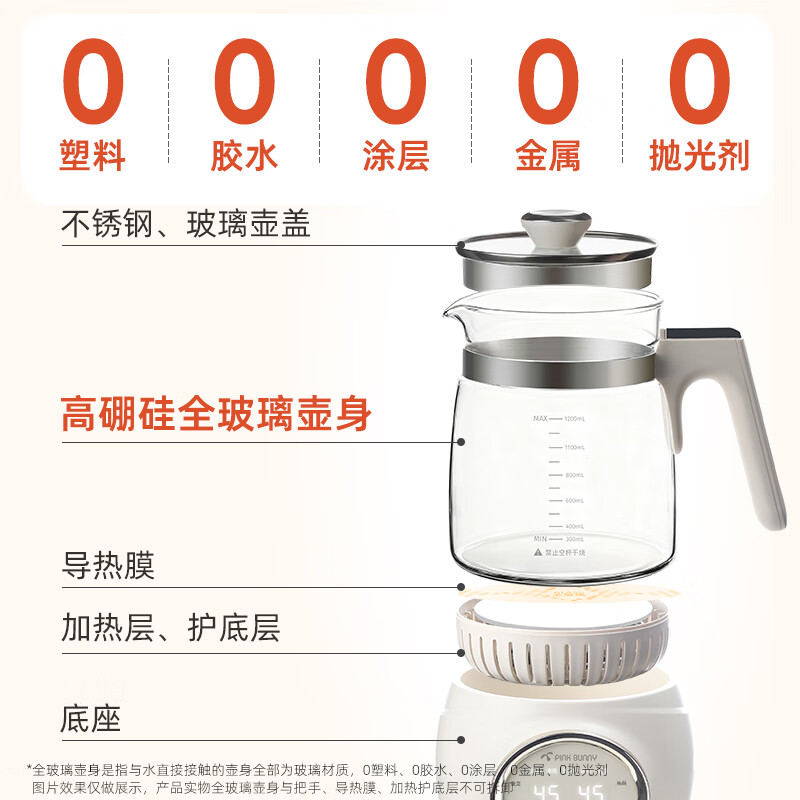 班尼兔（Pink Bunny）全玻璃恒温热水壶新生婴儿冲奶专用家用烧水壶暖奶泡奶调奶器 1.2L 第三代全玻璃恒温壶+消毒烘干机