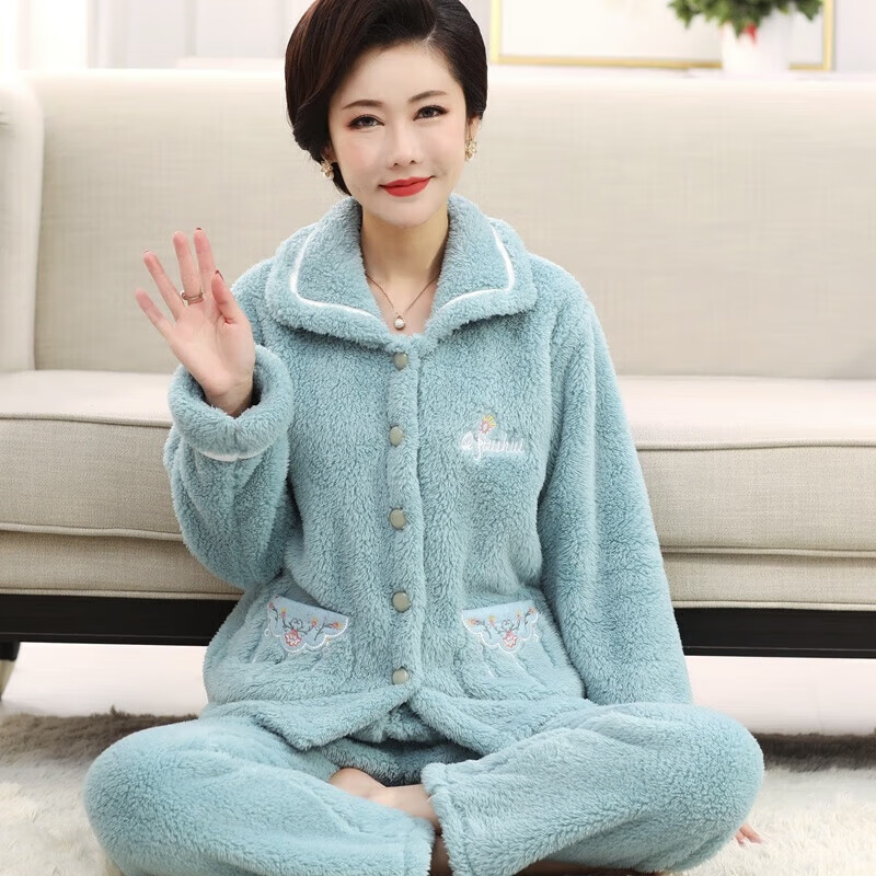 琉善珊瑚绒睡衣女秋冬妈妈加厚加绒法兰绒家居服中老年套装大码200斤 长毛绒-ZJ白织带淡雅绿 3XL （150-175斤）