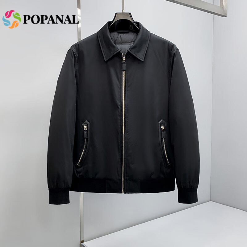 POPANAL香港潮牌2025冬季新款男士白鹅绒翻领休闲服简约商务休闲羽绒服潮 黑色 M 48