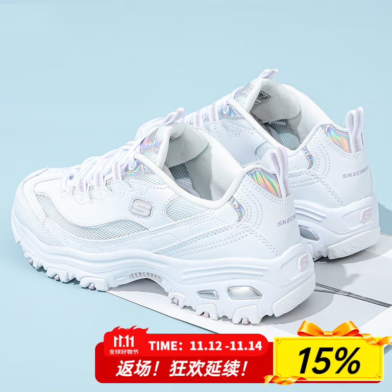 斯凯奇（Skechers）女鞋夏季2025新款厚底增高老爹鞋透气网面熊猫鞋运动鞋轻便休闲鞋 白色-WHT 35