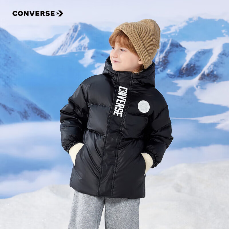 Converse 匡威童装男童羽绒服冬季新款轻盈保暖儿童连帽外套 正黑色 160 /80 【建议身高158-170cm】