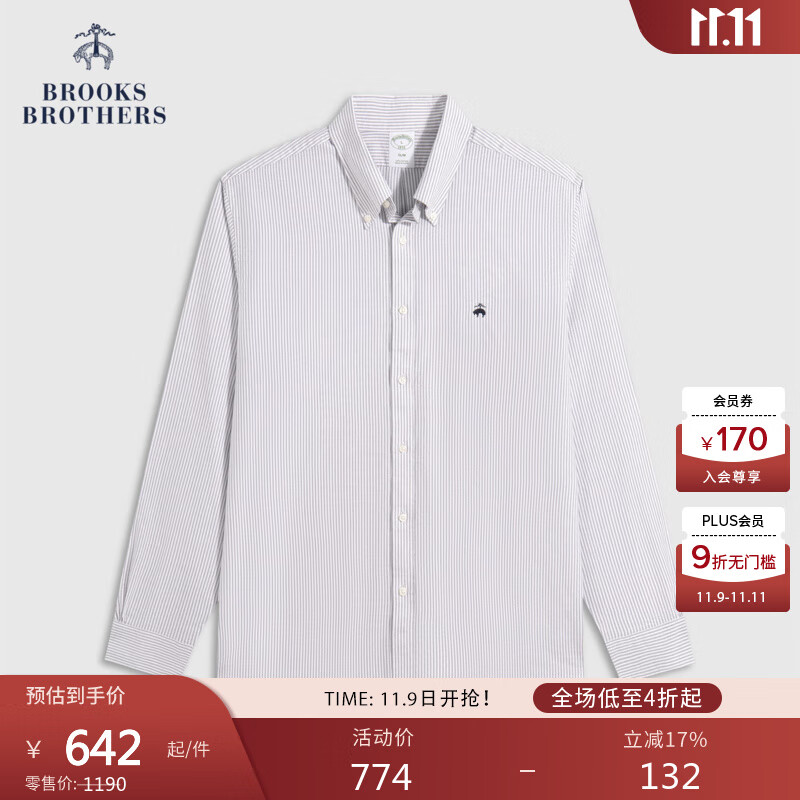 布克兄弟（BrooksBrothers）Brooks Brothers/布克兄弟男士25秋冬新品纯棉纽扣领刺绣logo衬衫 B976-条纹 M