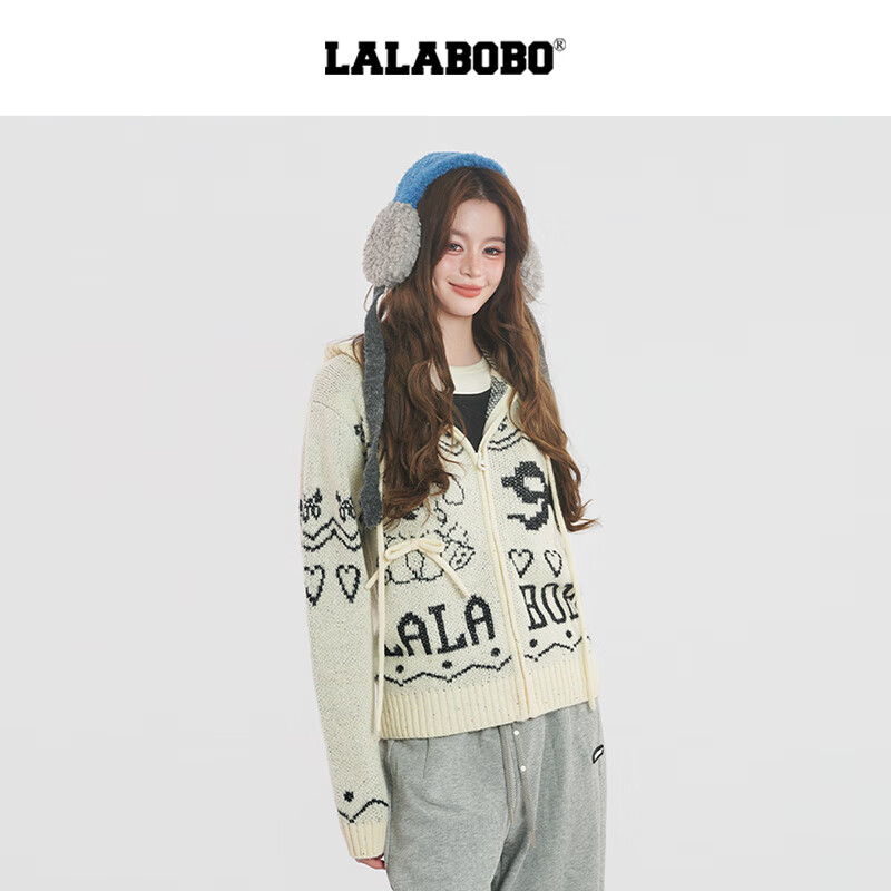 LALABOBO【商场同款】毛织开衫25年秋冬新潮原创针织慵懒风保暖女装外套 米白 M