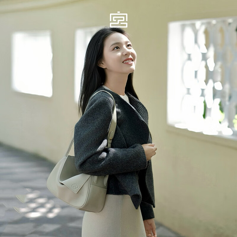 宫选【王楚然同款】女包元宝包手提包真皮牛皮斜挎包通勤包包节日礼物 米白【中号】