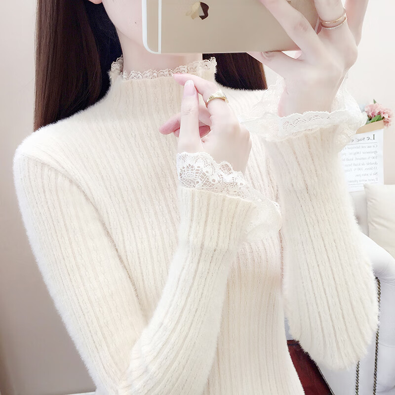 香影纯高级感花边圆领打底毛衫女春秋冬内搭洋气修身荷叶针织低领毛衣女 杏色 S (建议95斤以内)