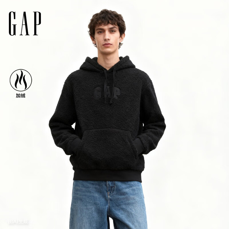 GAP男女装2025秋季新款logo仿泰迪绒宽松连帽卫衣上衣美版789782 灰黑色 XS 美码  S亚洲码175/88A