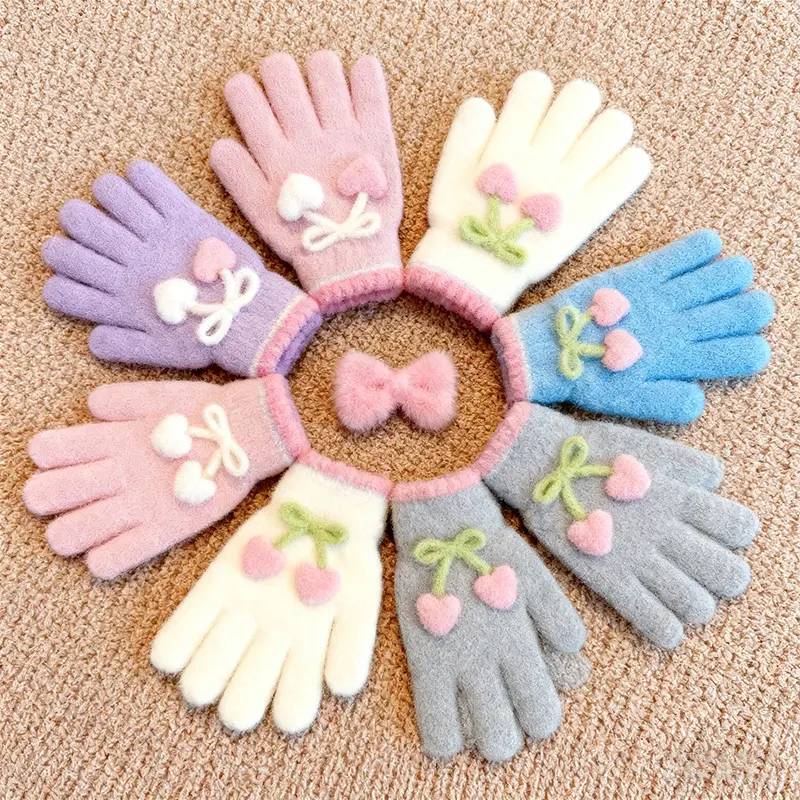 朋意儿童4-10岁冬季樱桃五指分指手套男女童宝宝防寒保暖可爱卡通学生 小樱桃五指-紫色_4-10岁 无规格