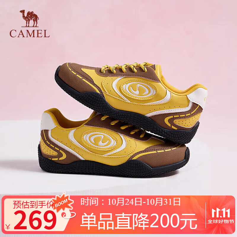 骆驼（CAMEL）月牙2.0德训鞋女多色拼接增高运动休闲鞋 L25S577059C 黄/棕 40