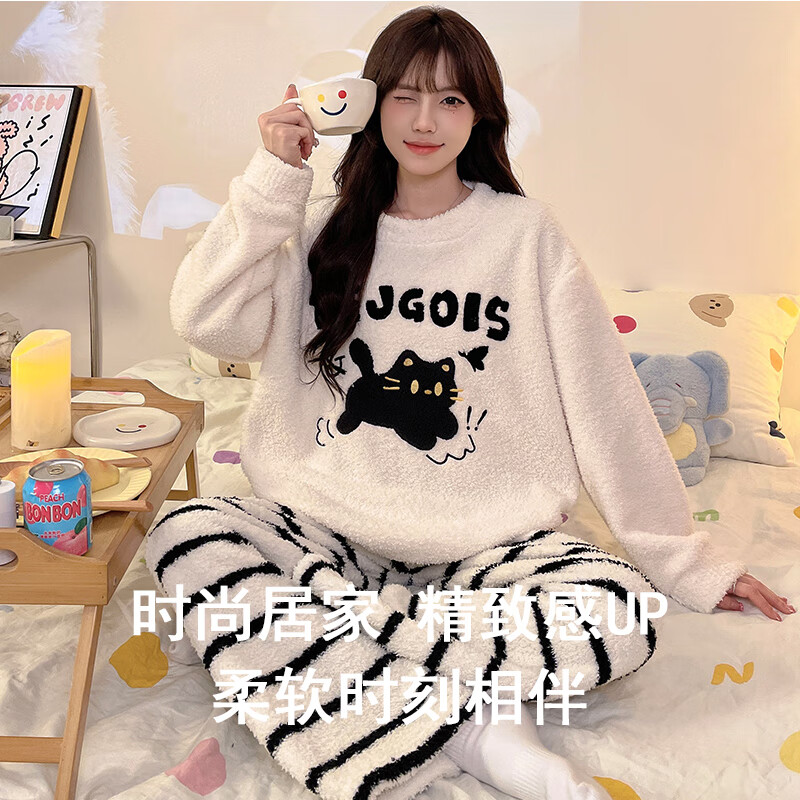 都市丽人半边绒睡衣女秋冬季2025新款可爱卡通宽松珊瑚绒可外穿家居服套装 字母黑猫 XL