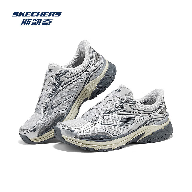 斯凯奇（Skechers）银翼丨复古老爹春夏季新品防滑男女透气闪穿减震跑步鞋运动休闲 银色/SIL 37