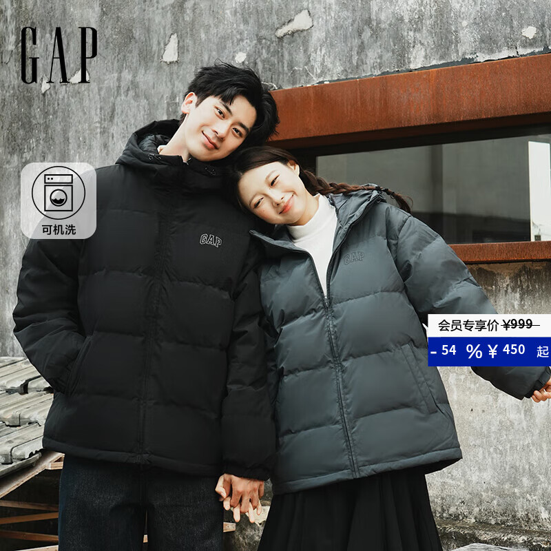 盖璞Gap男装2025秋季新款logo宽松连帽泡芙羽绒服百搭简约外套791896 黑色 L (175/96A)亚洲尺码 【偏大，建议拍小一码】