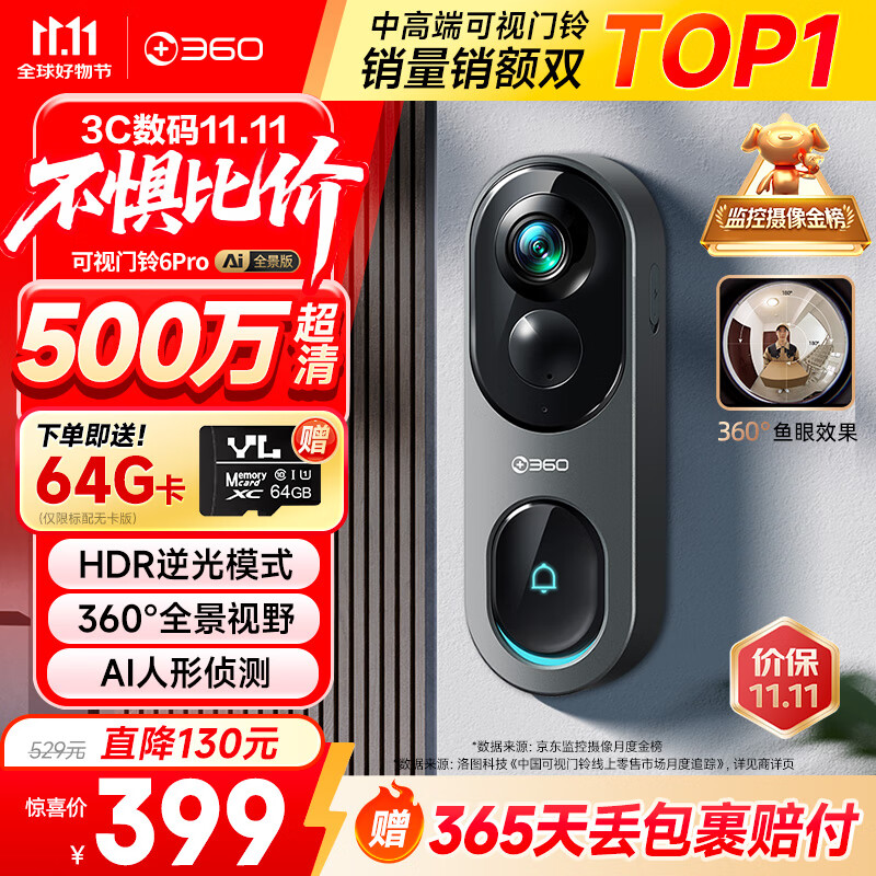 360可视门铃6Pro 500万超清画质家用监控智能门铃电子猫眼摄像头无线wifi手机远程查看对讲