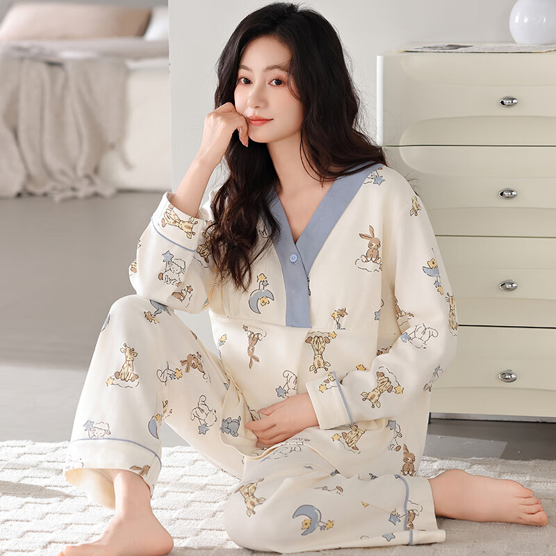 婧麒月子服纯棉全棉吸汗带胸垫秋冬款产后哺乳睡衣孕妇喂奶家居服 兔兔庄园 2XL