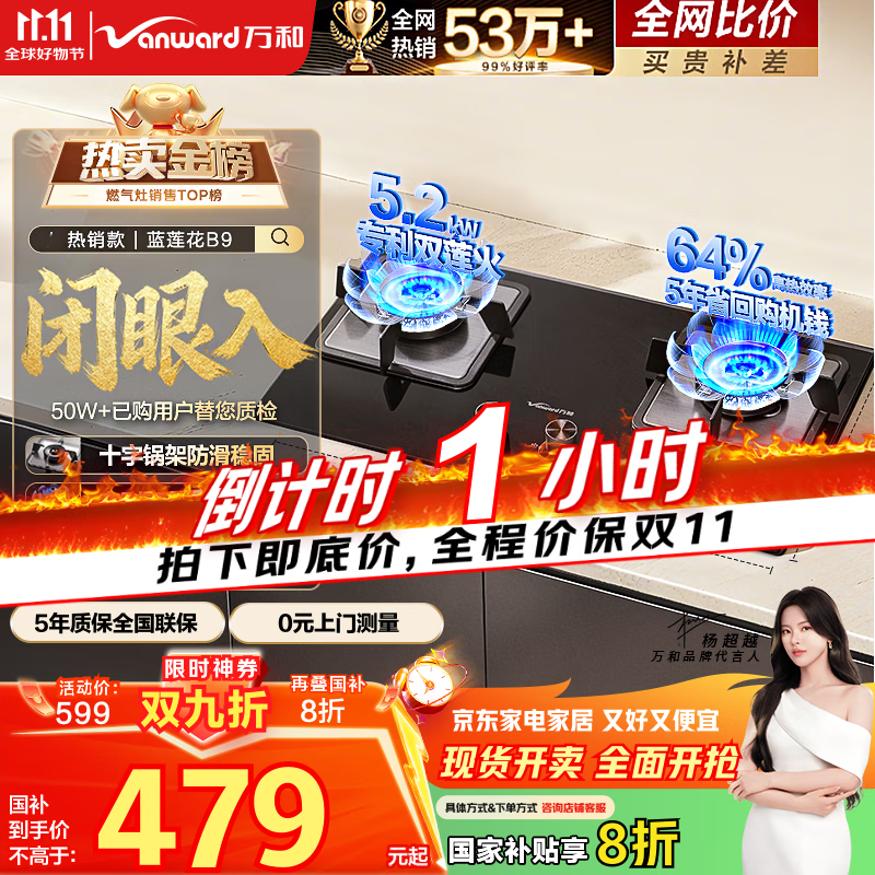 万和（Vanward）【蓝莲花B9·5.2kW】天然气燃气灶猛火烟灶联动以旧换新国家补贴20%嵌入式家用煤气双炉具台B9L50