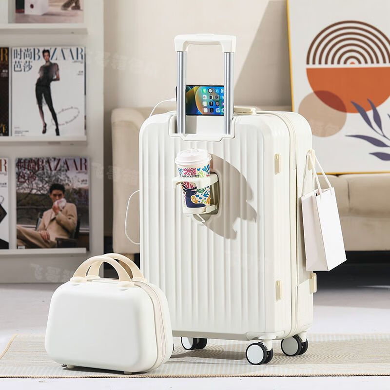 小米宝宝们官旗(MI)新款行李箱女多功能拉杆箱结实耐用密码箱学生旅行箱 谷物白子母箱(旗舰款带杯架USB充电口) 28寸(超大款)