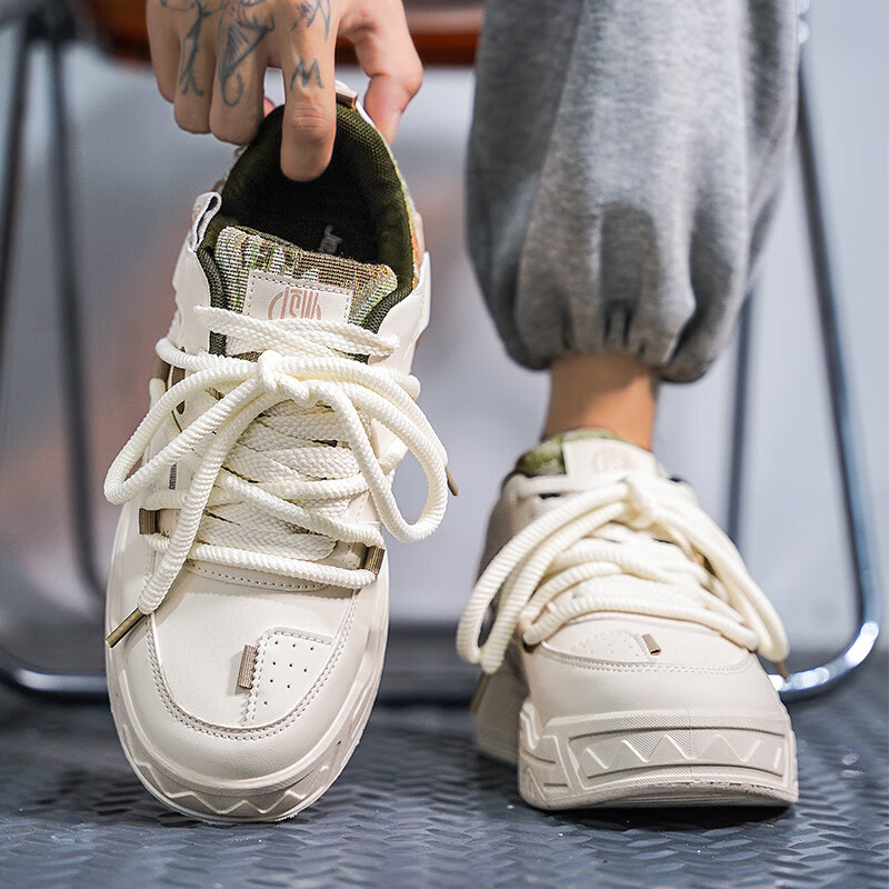 真维斯（Jeanswest）男鞋休闲鞋子男士厚底增高运动板鞋面包鞋 米绿 39