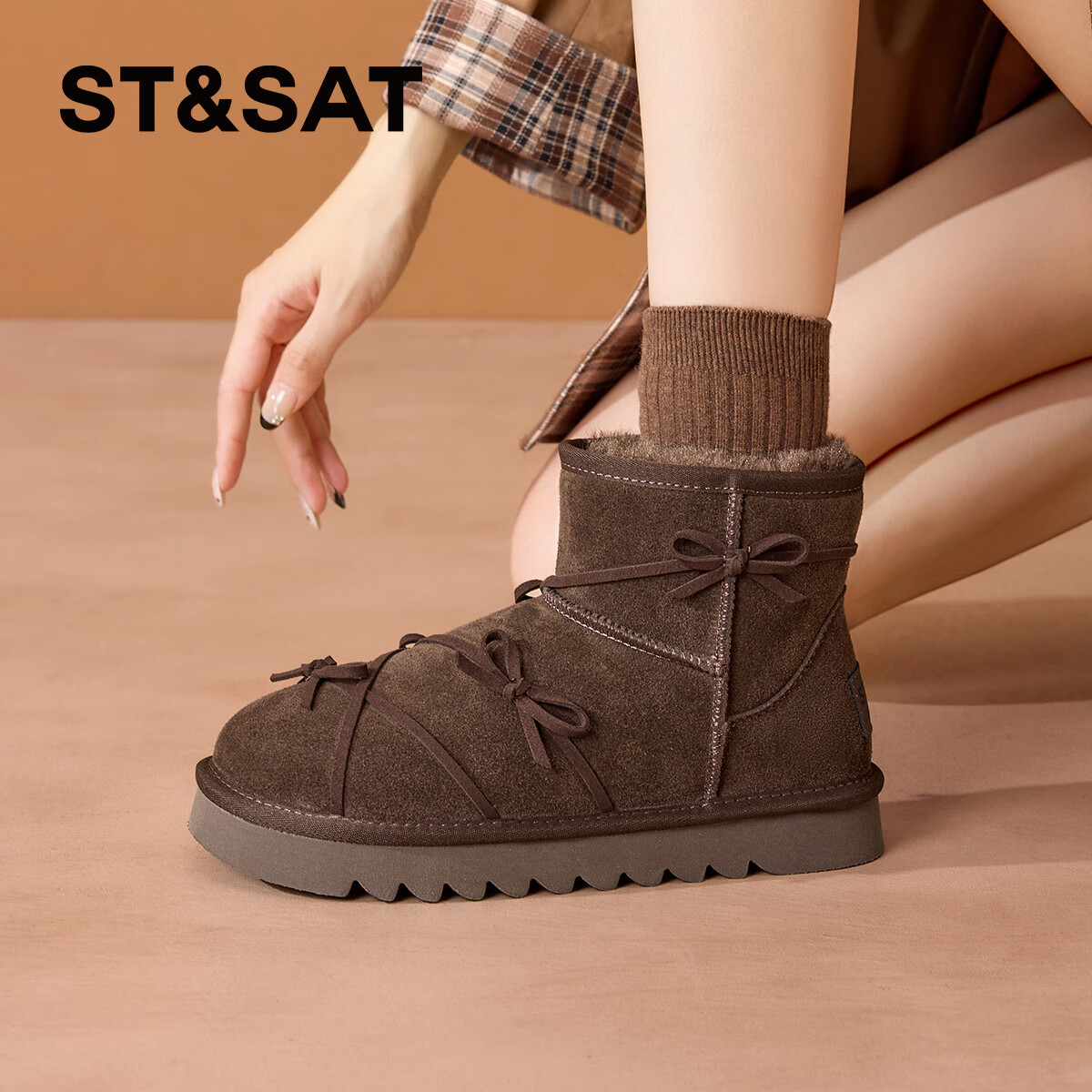 星期六真皮加绒雪地靴女2025新款冬季复古加厚保暖短靴东北防寒毛毛棉鞋 咖啡色 【低温御寒】跟高3cm 36