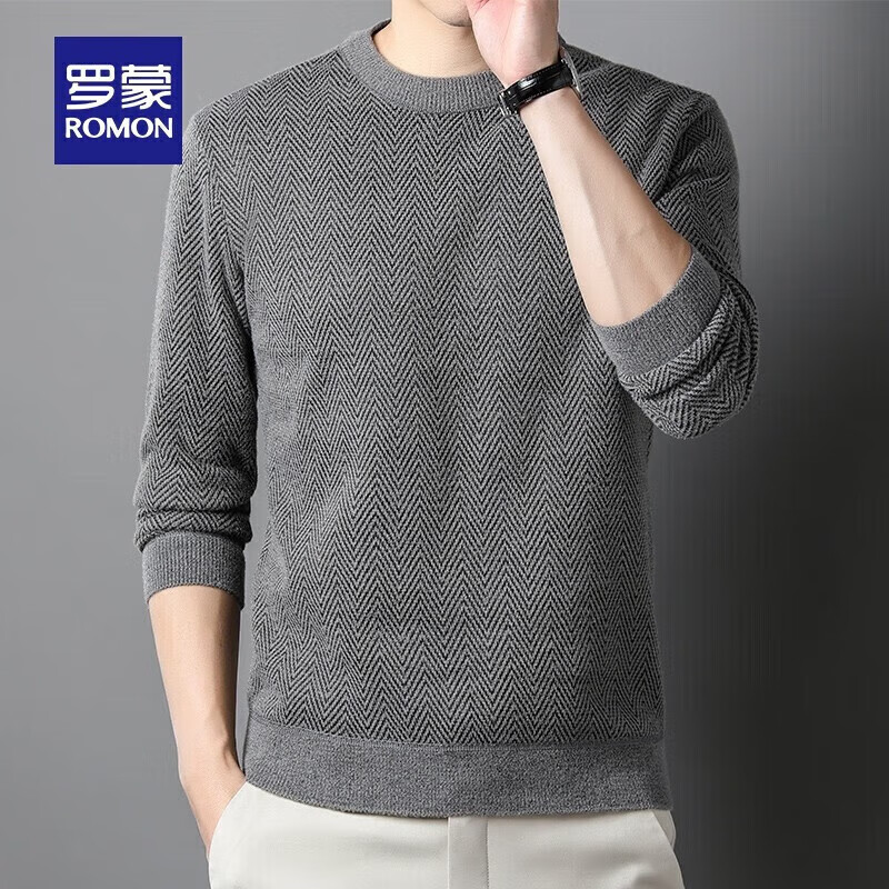 罗蒙（ROMON）加绒保暖针织衫男2025秋冬新款圆领套头毛衣中青年加厚打底衫 灰色 M 170（建议120-135斤）