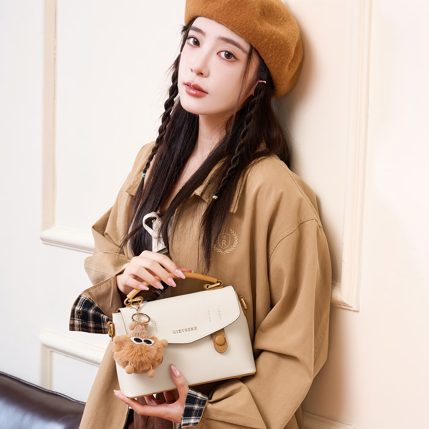 纪诗哲包包女包2026新款奢侈女士单肩斜挎手提包情人节生日礼物送女友 米棕色【配小煤球公仔】 小包