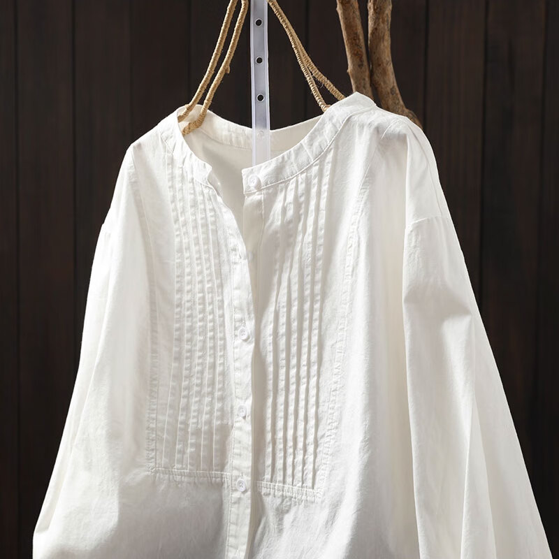 子牧棉麻2026春装 女风琴褶皱衬衫宽松长袖简约休闲百搭立领气质衬衣8856 白色 M (建议95-115斤)