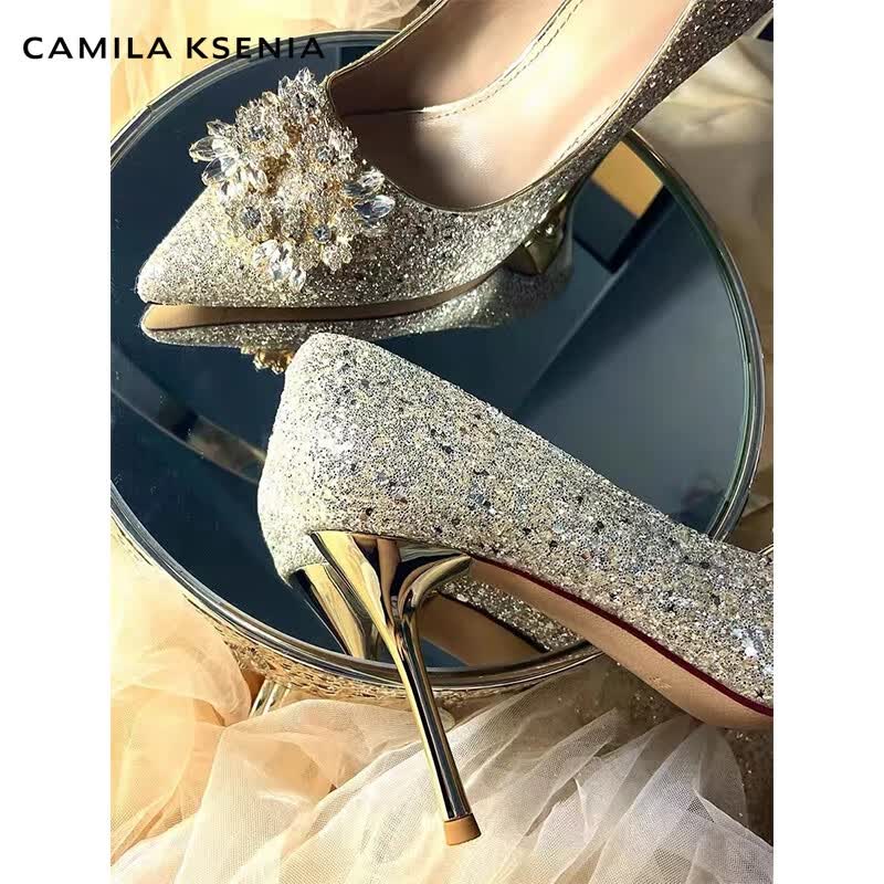 CAMILA KSENIA高跟鞋女士2026年新款夏季休闲百搭婚鞋香槟色秀禾婚纱两穿新娘鞋 香槟色-细跟6.5厘米 37