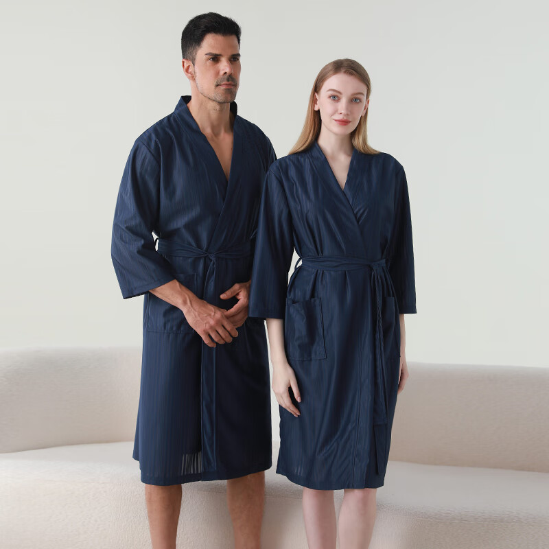 赛图蒙 情侣睡袍女春夏季凉感丝男士浴袍浴衣薄款睡衣家居服 2304藏青【男款】 M (150-160CM,80-125斤)